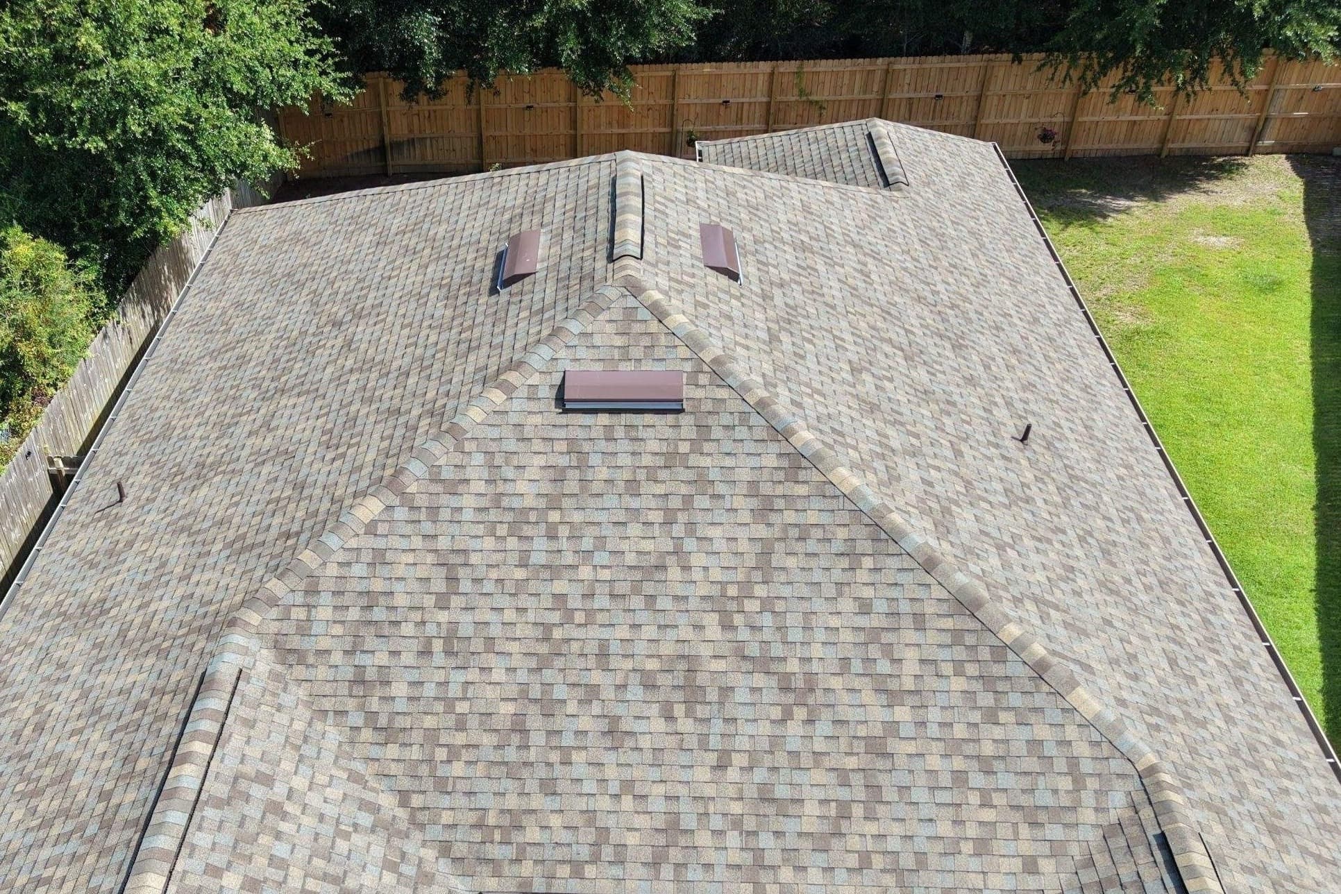 Completed architectural shingle roof from above